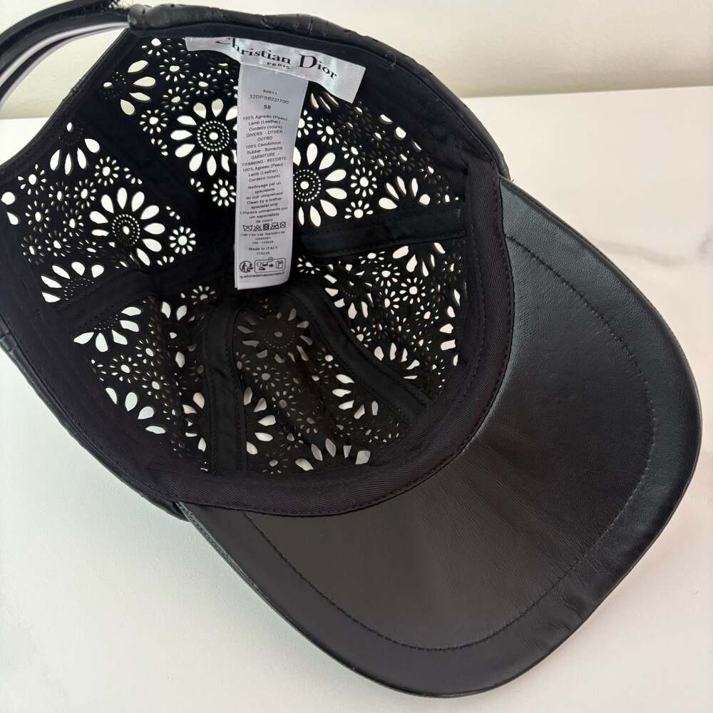 Christian Dior Black Lambskin Leather Laser Cut Floral Hat Size 57 Small - Picture 5 of 10